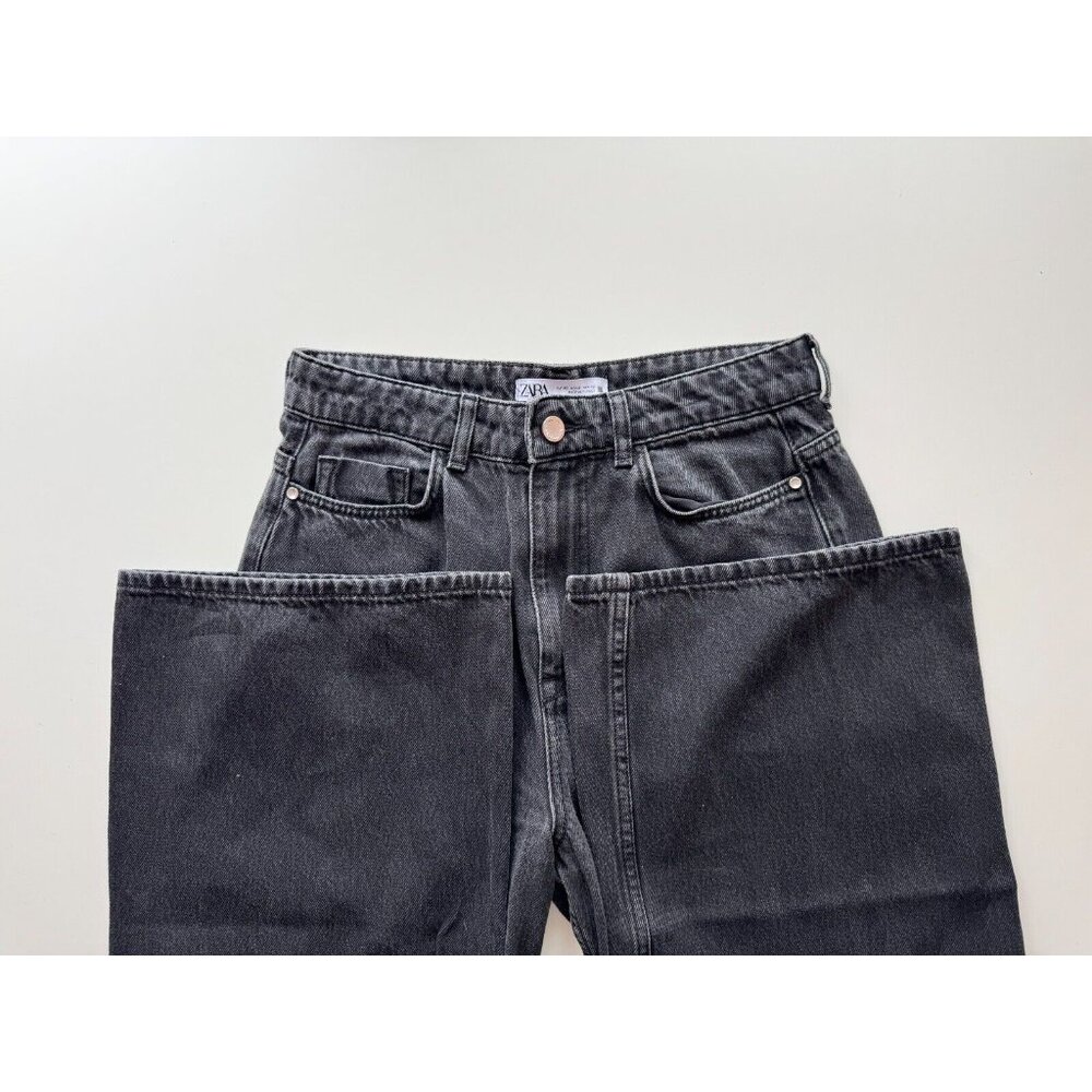 ZARA Vintage Black Denim High Rise Loose Wide Leg Ankle Jeans, Size 6/28 - Picture 9 of 11